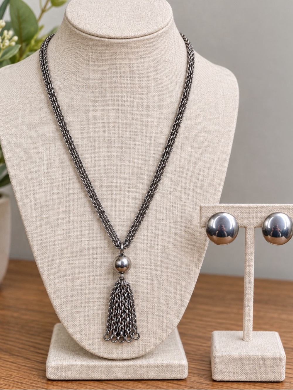 Chunky Bead Tassel Pendant long Necklace & earrings
